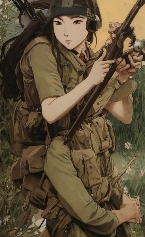 Image similar to japanese girl fighting ww2, anime style, long hair, hair down, symmetrical facial features, ww2 era, hyper realistic, pale skin, 4k, rule of thirds, extreme detail, detailed drawing, trending artstation, hd, war, D&D, realistic lighting, by Alphonse Mucha, Greg Rutkowski, sharp focus, backlit, soldier clothing