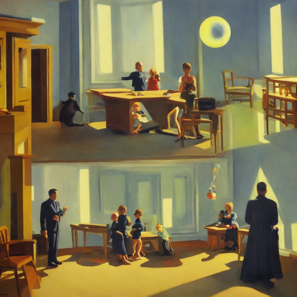 Prompt: painting of a family building getting lectured by a very large alien in their suburban living room, energetic orbs in the air, in the style of edward hopper