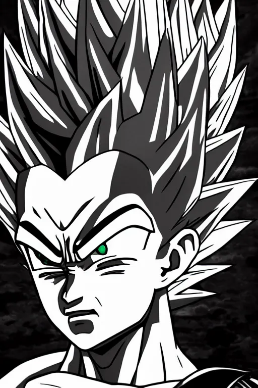 Image similar to prince vegeta, portait, grayscale photography, very detailed, dynamic lighting, akira toriyama