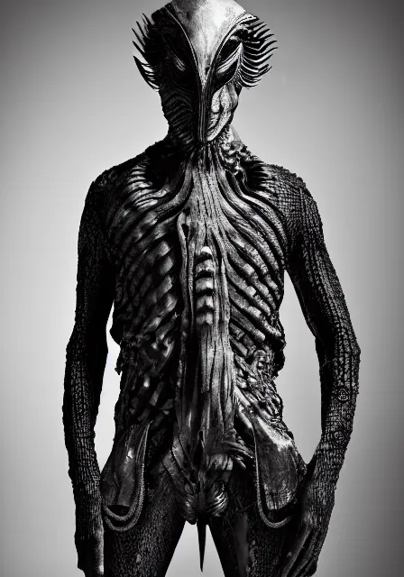 Image similar to an award - winning photo of an ancient male model wearing a plain designer menswear jacket inspired by h. r. giger designed by alexander mcqueen