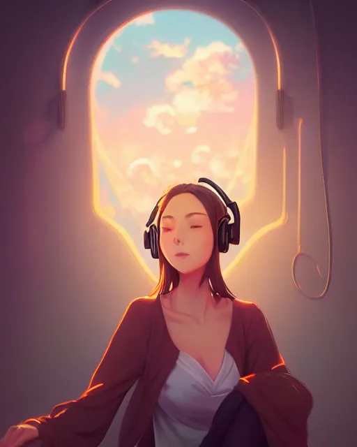 Prompt: Portrait of an elegant woman with headphones in a warm glowing scenery, sunset, fantasy, anime, intricate sparkling atmosphere, artstation, hosada, studio ghibli, artgerm