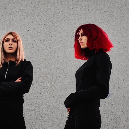 Image similar to photographic portrait of 2 clones in front of a brutalist metal building, 2 techwear women, on a desolate plain, red sky, sigma 8 5 mm f / 1. 4, 4 k, depth of field, high resolution, 4 k, 8 k, hd, full color