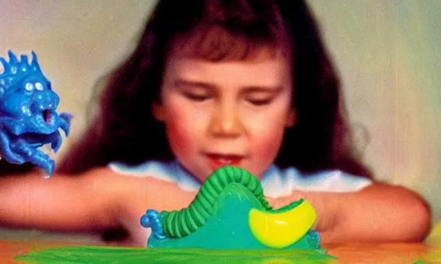 Prompt: kid playing with slime monster, realistic, detailed faces, toy commercial photo, highly detailed, photo from the 80s