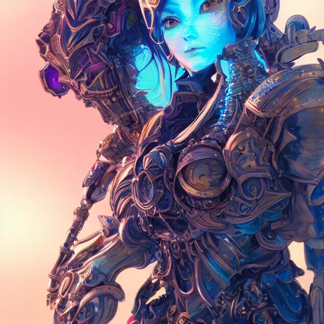 Image similar to studio portrait of lawful good colorful female holy mech paladin as absurdly beautiful, elegant, young sensual anime girl, ultrafine hyperrealistic detailed face illustration by kim jung gi, irakli nadar, intricate linework, sharp focus, bright colors, matte, octopath traveler, final fantasy, unreal engine highly rendered, global illumination, radiant light, intricate environment