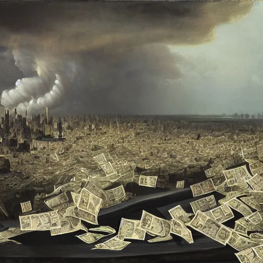 Image similar to a tornado made of dollar bills with dark clouds and city in the background by Ansel Adams and Bernardo Bellotto, oil on canvas, artstation, dramatic scenery, masterpiece, aesthetic