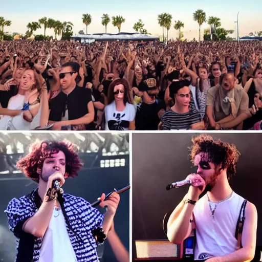 Prompt: the 1 9 7 5 performing at coachella, band performance, close up pictures of matty healy, joy, crowd