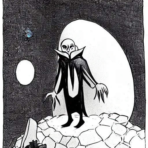 Prompt: Nosferatu sits in an igloo while drawing a self-portrait, over the shoulder view