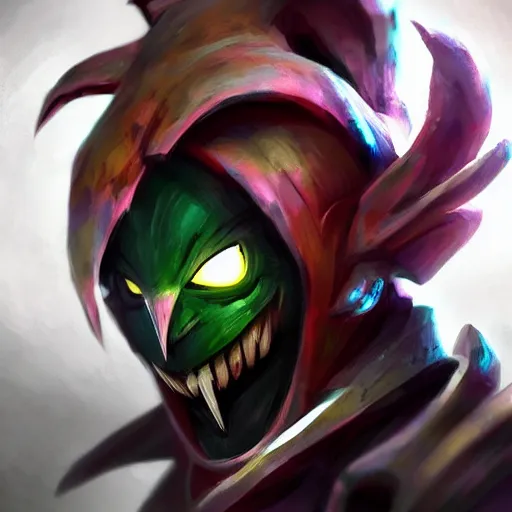 Prompt: shaco, trending on artstation, concept art, graphic style, visible brushstrokes, motion blur, blurry