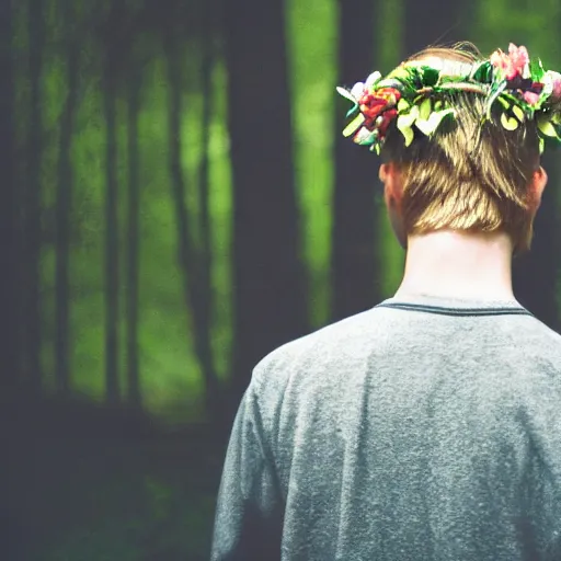 Image similar to kodak portra 4 0 0 photograph of a skinny blonde guy standing in a dark forest, back view, flower crown, moody lighting, telephoto, 9 0 s vibe, blurry background, vaporwave colors, faded!,