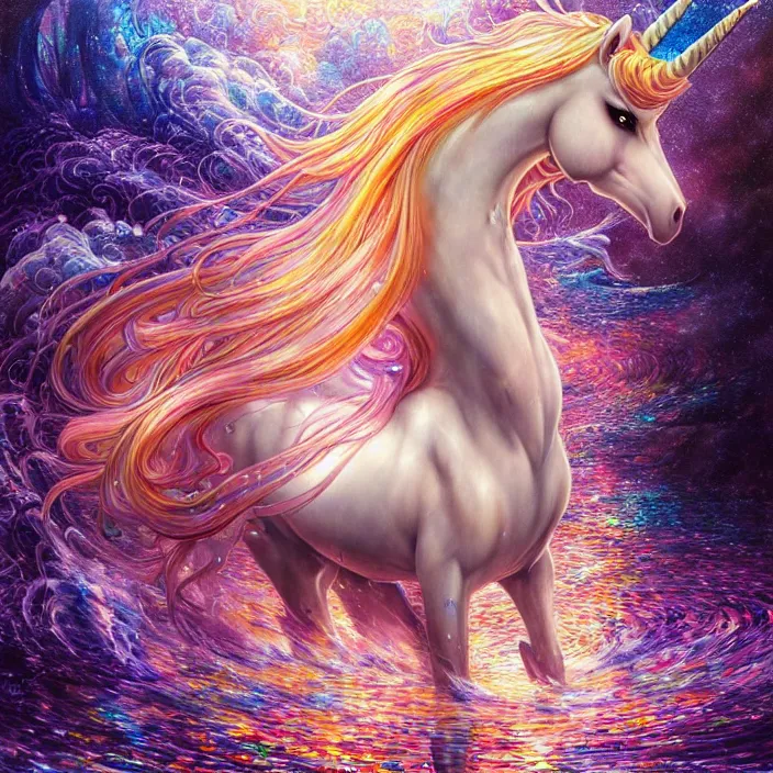 Image similar to ultra detailed illustration of a unicorn anime girl covered in liquid chrome, lost in a dreamy fairy multiverse, by Karol Bak, Johfra Bosschart, Andrew Thomas Huang, dan mumford, Druillet colorful, front view, vivid colors, 8k, coherent, artgerm, anime vibes, octane render, uplifting, magical composition, artstation