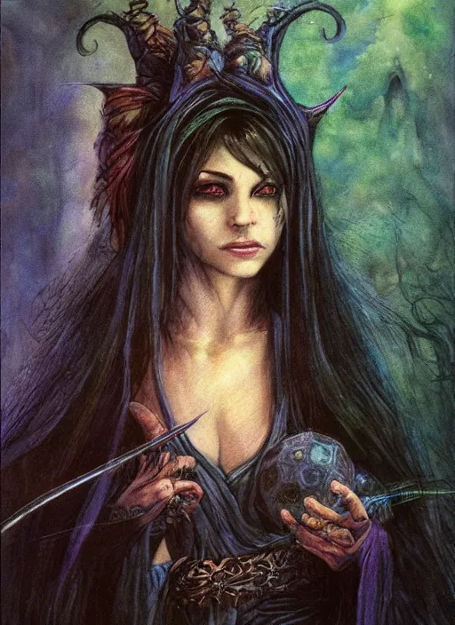 Image similar to portrait of young female sorceress of doom, beautiful! coherent! dungeons and dragons character, by brian froud, strong line, night color, high contrast