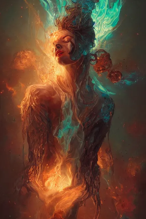 Prompt: the look of a young person, necromancer, witch - doctor covered with ice exploding into fire, full of wrinkles and imperfections, electricity highly detailed, high contrast, light reflection, trippy, nebula, trending on artstation by artgem, by peter mohrbacher, by wlop, by ruan jia