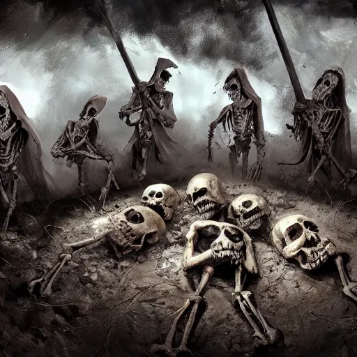 Prompt: 5 living undead skeletons emerging from a pile of brown shit and dirt in the bottom of a very dark well. swords in their hands. wide angle. trending on artstation, craig mullins, gopro lens.