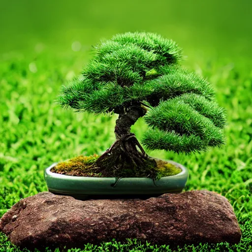 Prompt: mini bonsai in the grass, photo studio, professional photo, commercial photo, professional lighting, trending in artstation, HDR