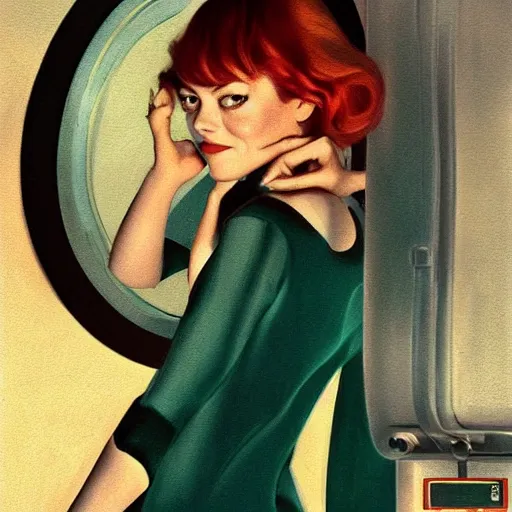 Prompt: emma stone in soviet public toilet, sharp focus, detailed, art by artgerm trufanov rolf armstrong