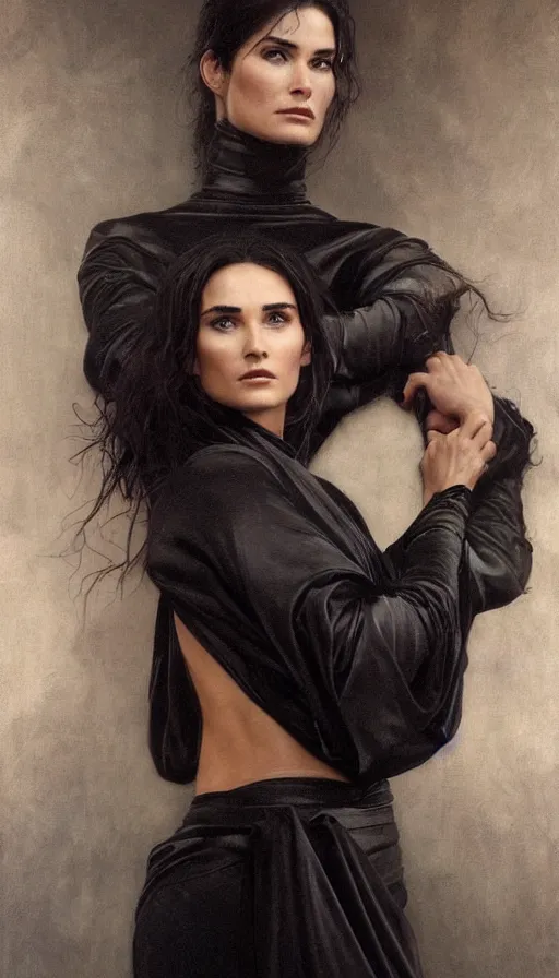 Prompt: epic masterpiece beautiful young demi moore, dressed in a black satin robe and metal belt, sweaty skin, hyperrealistic, octane render, cinematic, beautiful face and flawless skin, perfect hands, 5 fingers, by edgar maxence and ross tran and michael whelan, legends of runeterra