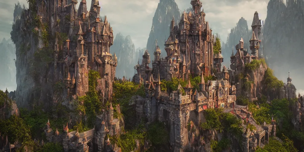 Image similar to a fantasy castle, extremely detailed, unreal 5 render, fantasy digital art, octane render, beautiful composition, trending on artstation, award-winning photograph, masterpiece