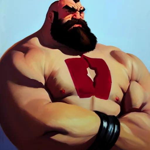 Image similar to Greg Manchess portrait painting of Zangief as Overwatch character, medium shot, asymmetrical, profile picture, Organic Painting, sunny day, Matte Painting, bold shapes, hard edges, street art, trending on artstation, by Huang Guangjian and Gil Elvgren and Sachin Teng