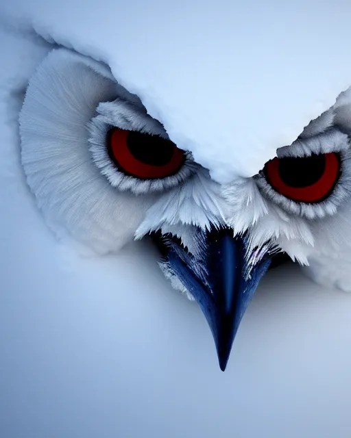 Prompt: closeup of a snow owls face, in the style of brian despain, digital art, unreal engine, volumetric lighting, dark moody lighting, post apocalyptic, 4 k