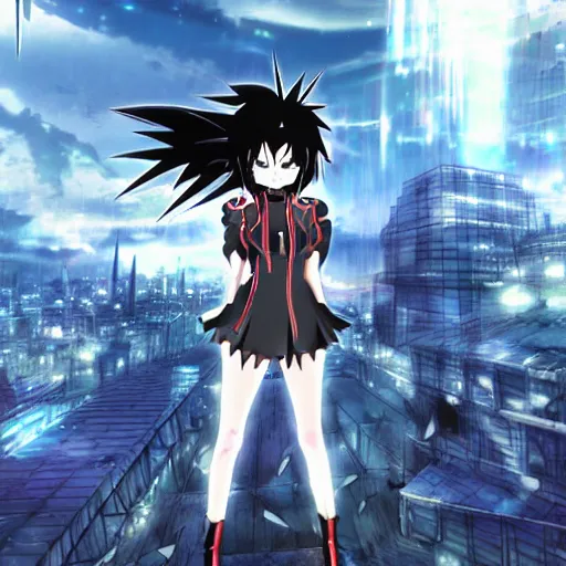 Prompt: 1 7 - year - old anime goth girl wearing gothic jacket, spiky hair, super saiyan aura, psychic powers, floating above roof, futuristic city in background, 2 0 0 1 anime, subsurface scattering, intricate details, art by toei, art by studio gainax, studio trigger art, anime screenshot