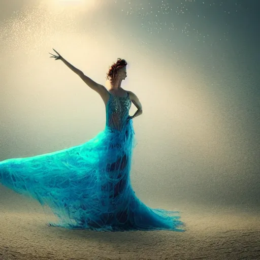 Prompt: beautiful woman dancing underwater wearing a very long flowing dress made of many translucent layers of silver and blue lace seaweed, bolts of bright yellow fish, caustics lighting from above shines on the sandy bottom, swirling silver fish, swirling smoke shapes, octane render, cinematic, hyperdetailed