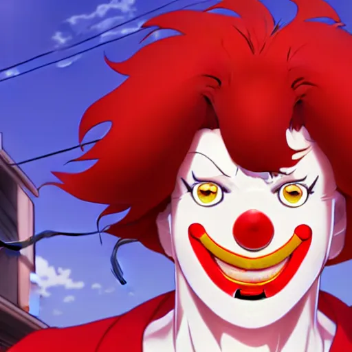 Prompt: close-up Makoto Shinkai portrait of Ronald McDonald with red clown nose, anime key visual, official media, Rossdraws, Lois van Baarle