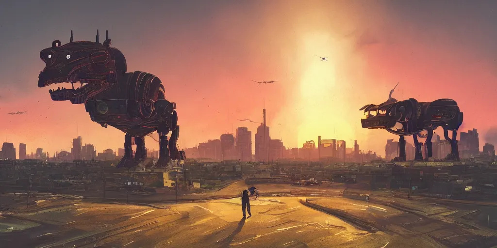 Prompt: landscape imagery, dystopian city, sunset, alien robot dragon in the sky, inspired by Simon Stalenhag