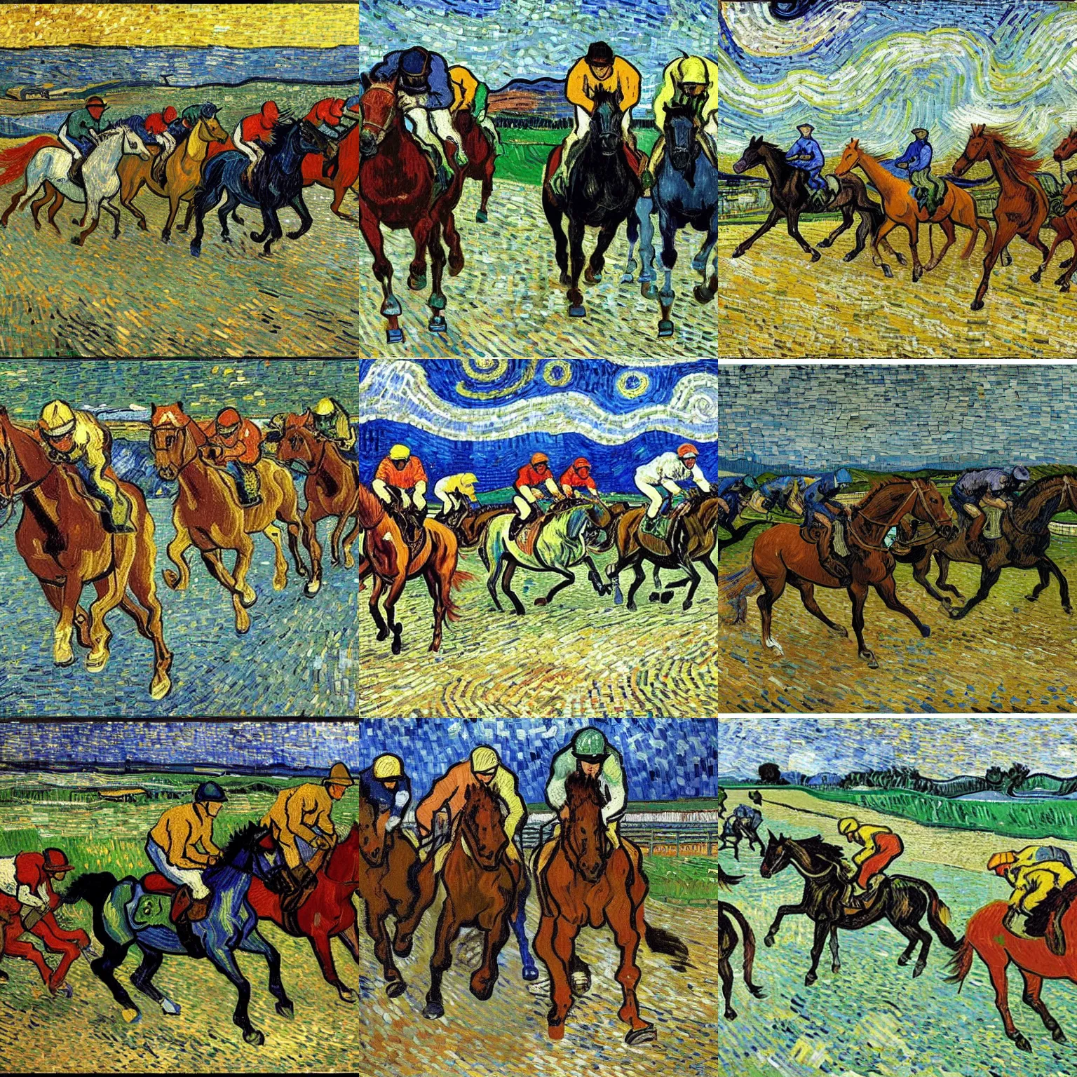 Prompt: horses racing by vincent van gogh, mosaic