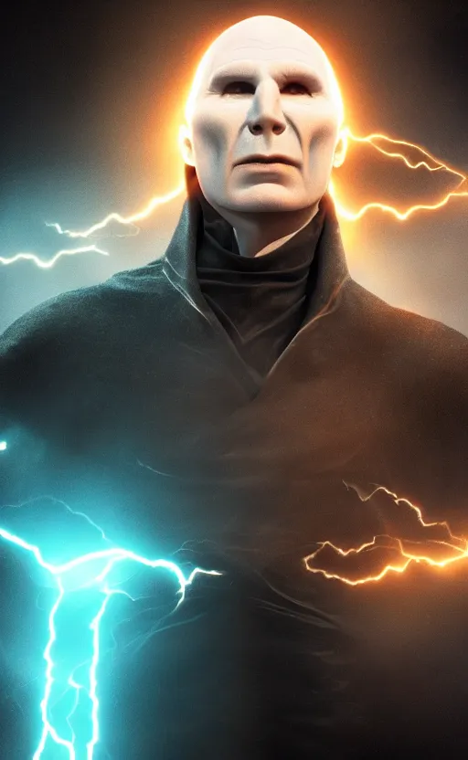 Image similar to Lord Voldemort casting an electricity spell. Digital art trending on artstation. 4k. Tyndall effect.