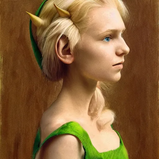 Prompt: a portret of a beautiful elf with blonde hair and pale skin, green dress, by Seveso, Alberto