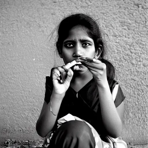 Image similar to portrait of a sri lankan girl smoking cigarette, vintage photo in 8 0's style