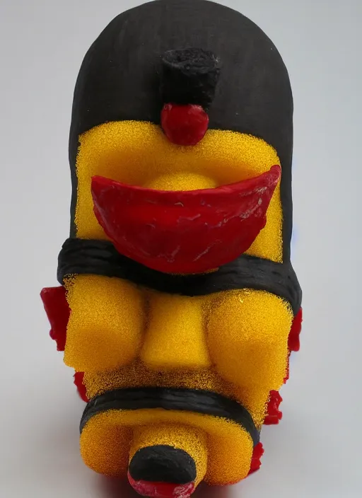 Prompt: sponge sculpture of an ancient warrior, red and black and gold theme