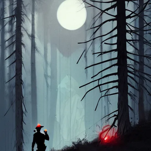 Image similar to park ranger with glowing red eyes and evil grin, by ismail inceoglu, detailed portrait, illuminated by moonlight, mountainous pine tree background, eerie, brushstrokes, 8 k