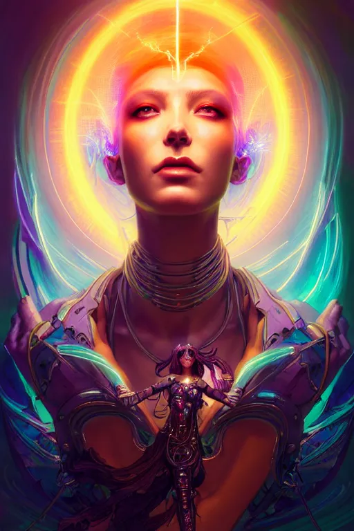 Prompt: portrait of a beautiful cyberpunk goddess of lightning, highly detialed, glowing magic around her, divine proportion, cinematic light, unreal engine, hypermaximalist, ornate, illustration by peter mohrbacher / yoshitaka amano / james jean / ayanamikodon / irakli nadar, detailed, light scheme intricate ink illustration