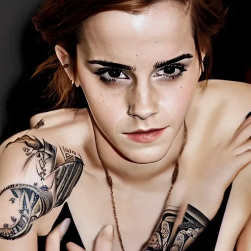 Image similar to emma watson, dope tattoo, hyperrealistic