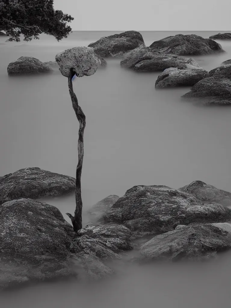 Prompt: long exposure photography of a single tree in the sea, photorealistic, black and white fine art photography