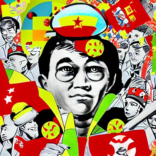 Prompt: a communist revolution in Candy Land, 1960s illustration, high quality, collage in the style of Klaus Voormann and Chinese Propaganda, album cover, peppermint motif