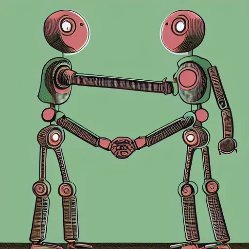 Image similar to two robots shaking hands with each other, an illustration of by tom gauld, behance contest winner, les automatistes, future tech, sci - fi, quantum wavetracing