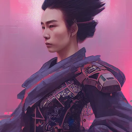 Image similar to cyberpunk samurai ,with techware , D&D, intricate, elegant, highly detailed, digital painting, japanese , altered carbon style,trending on artstation, concept art, illustration, art by Artgerm and Greg Rutkowski and Alphonse Mucha