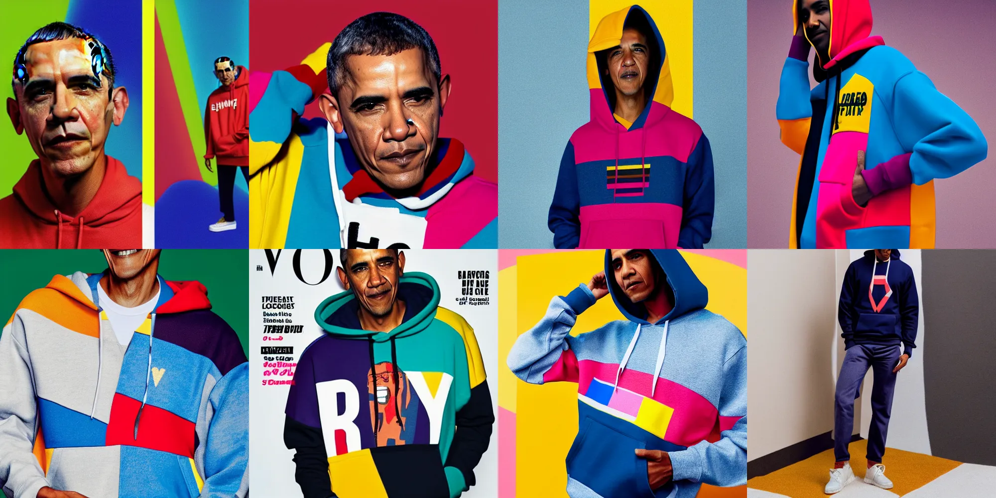Prompt: obama wearing teddy fresh color block hoodie on vogue cover, fashion, vibrant, 4 k, model