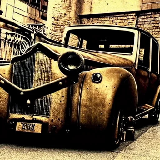 Prompt: steampunk gangster vintage car