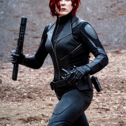 Image similar to Norman Reedus as Black Widow from The Avengers, cinematic photo