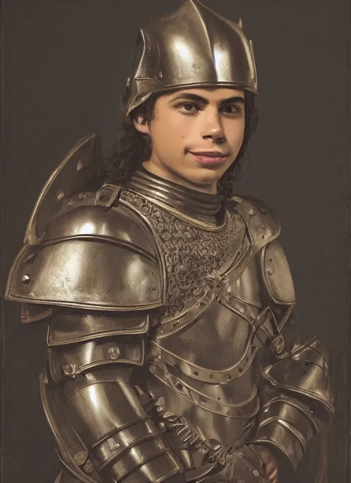 Prompt: head and shoulders portrait of jake t. austin as a knight, quechua!, lorica segmentata, cuirass, tonalist, symbolist, realistic, ambrotype, baroque, detailed, modeled lighting, vignetting, indigo and venetian red, angular, smiling, eagle