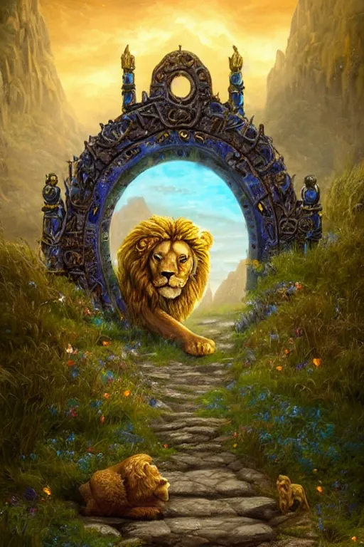 Image similar to A giant medieval fantasy energy portal gate with a rusty gold carved lion face with blue glowing eyes at the center of the gate, the portal takes you to another world, full of colorful flowers on the lost Vibes and mountains in the background, spring, delicate fog, sea breeze rises in the air, by andreas rocha and john howe, and Martin Johnson Heade, featured on artstation, featured on behance, golden ratio, ultrawide angle, f32, well composed, rule of thirds, center spotlight, low angle view