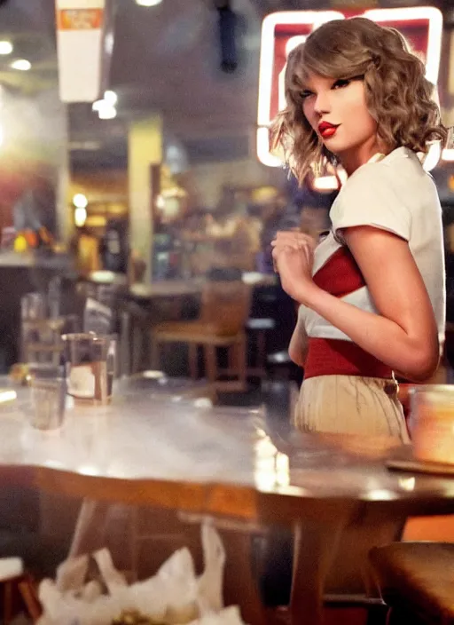 Image similar to a candid, color cinema film still of a taylor swift as a waitress at hooters, cinematic lighting at night.