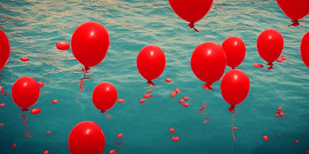 Image similar to many red balloons swimming in sea, highly detailed, realistic, dramatic,