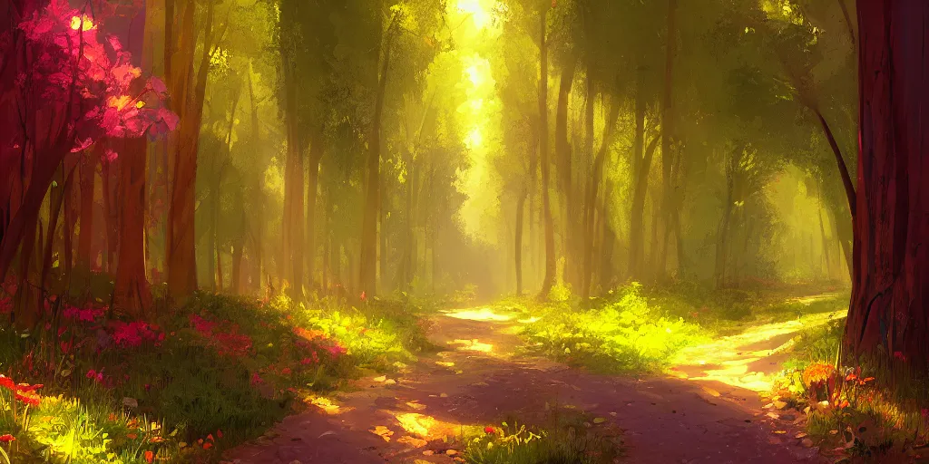Image similar to colorful sylvain sarrailh illustration of a view down an empty forest tunnel, brightly illuminated by rays of sunlight, wildflowers, artstation