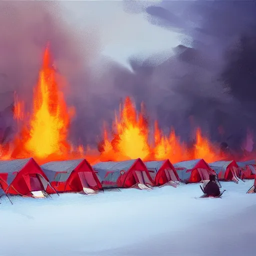 Image similar to a camp with tents on fire, burning down, shadows of 3 girls watching the camp burn, snow, dusk, painted by Sylvain Sarrailh, trending on Artstation