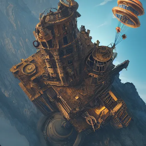 Image similar to a flying steampunk fortress, extremely detailed, behrens style, unreal 5 render, fantasy digital art, octane render, beautiful composition, trending on artstation, award - winning photograph, masterpiece
