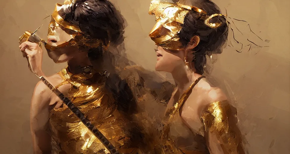 Image similar to craig mullins and ghibli digital art of masked female violinist, she wears a strong exotic costumes, gold jewelry, black hair, inside the theater, many audience, solo performance on stage unreal engine, hyper realism, realistic shading, cinematic composition, realistic render, octane render, detailed textures, photorealistic, wide shot